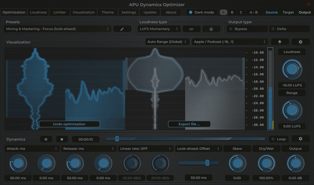 APU Dynamics Optimizer showing Apple Music target at -16 LUFS