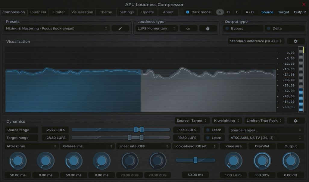 APU Loudness Compressor showing ATSC A/85, US TV target at -24 LUFS