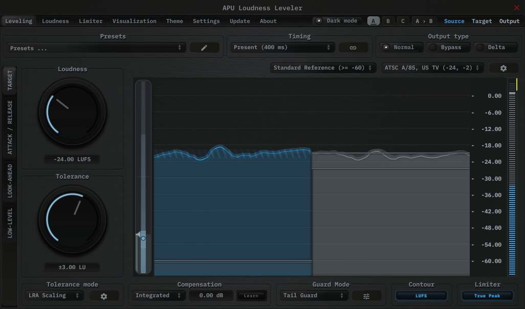 APU Loudness Leveler showing ATSC A/85, US TV target at -24 LUFS