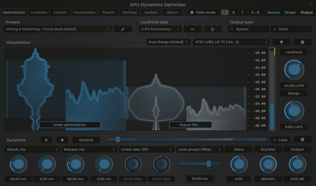 APU Dynamics Optimizer showing ATSC A/85, US TV target at -24 LUFS