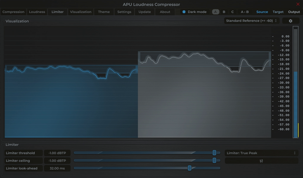 APU Loudness Compressor showing Deezer target at -1 dBTP