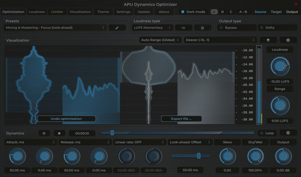 APU Dynamics Optimizer showing Deezer target at -15 LUFS