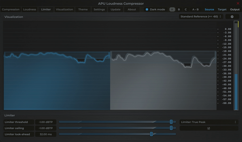 APU Loudness Compressor showing EBU R128, Broadcast target at -1 dBTP