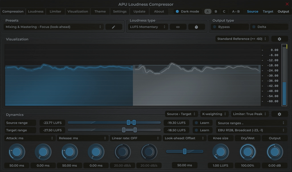APU Loudness Compressor showing EBU R128, Broadcast target at -23 LUFS
