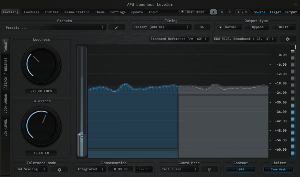 APU Loudness Leveler showing EBU R128, Broadcast target at -23 LUFS
