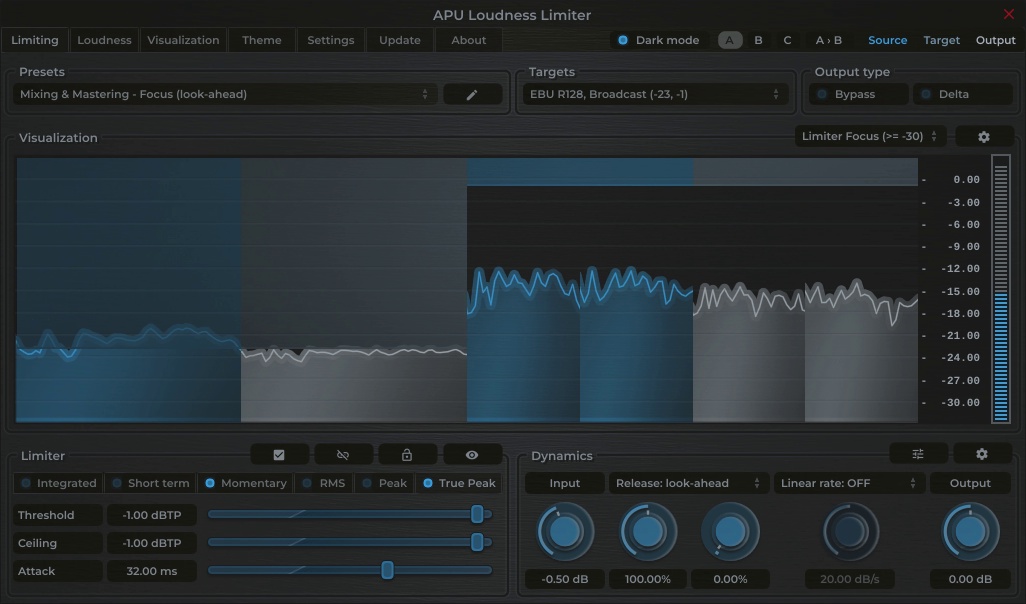 APU Loudness Limiter showing EBU R128, Broadcast target at -23 LUFS