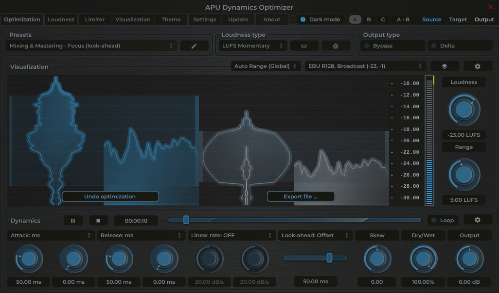 APU Dynamics Optimizer showing EBU R128, Broadcast target at -23 LUFS