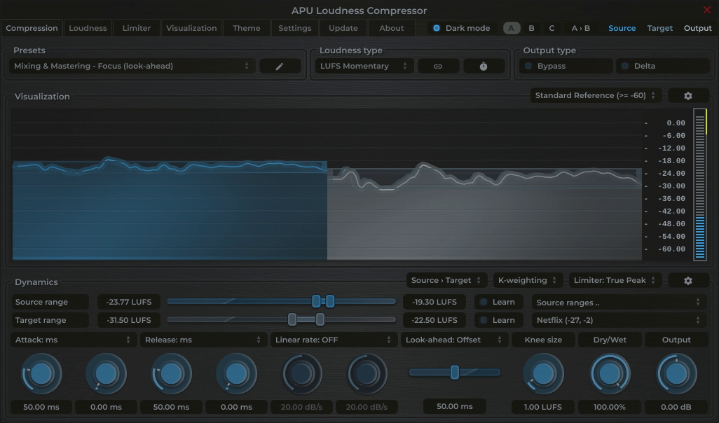 APU Loudness Compressor showing Netflix target at -27 LUFS