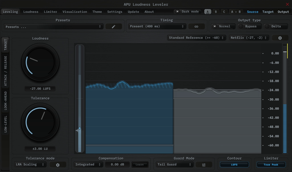 APU Loudness Leveler showing Netflix target at -27 LUFS