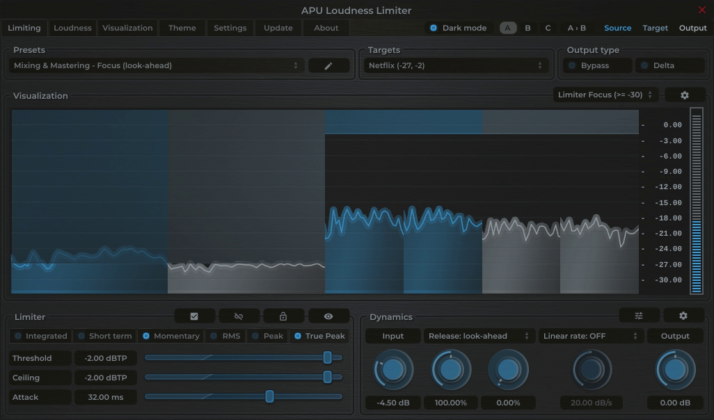 APU Loudness Limiter showing Netflix target at -27 LUFS