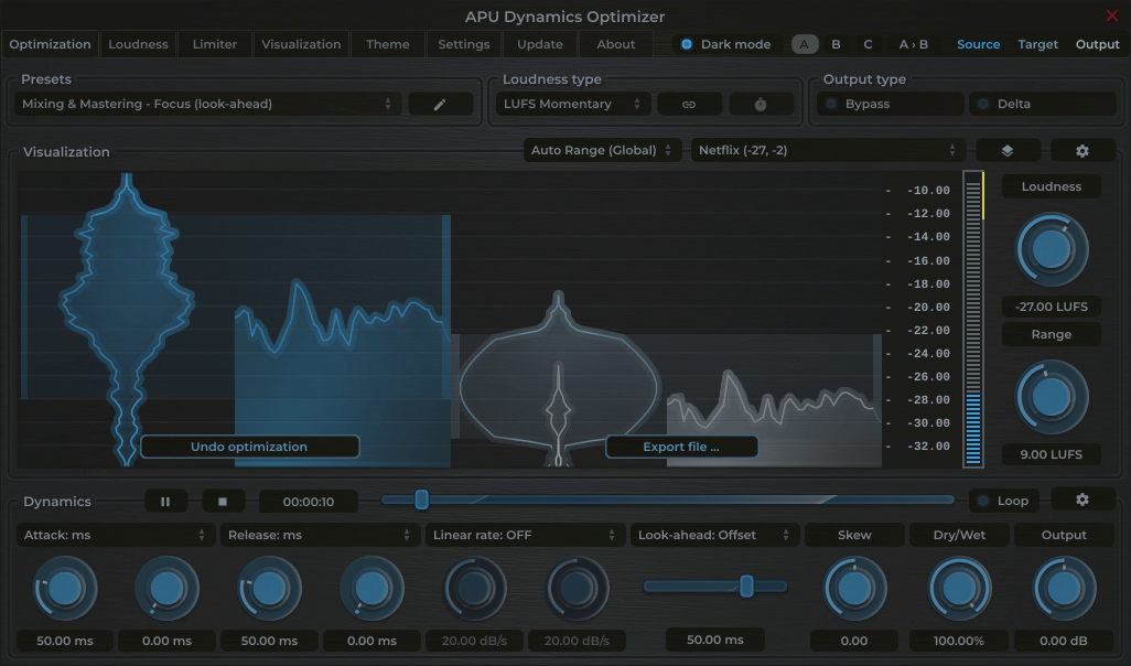 APU Dynamics Optimizer showing Netflix target at -27 LUFS