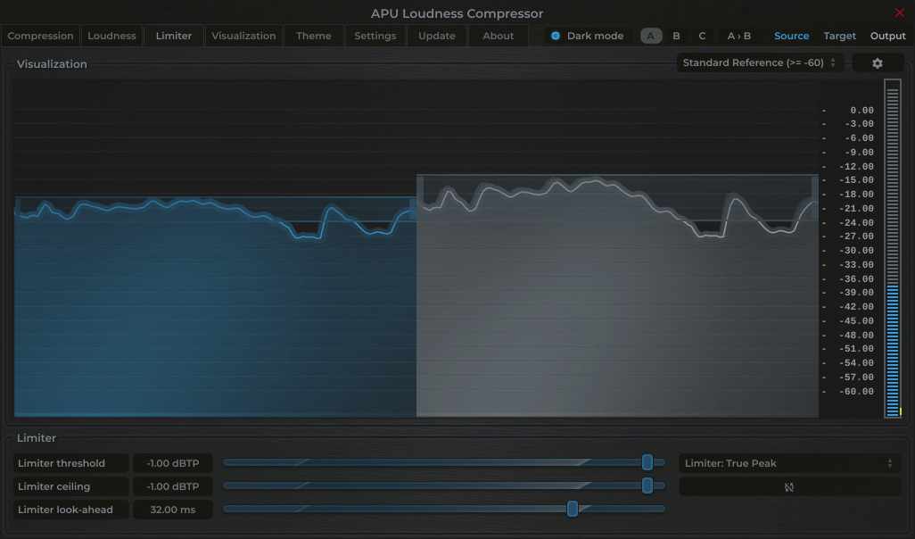 APU Loudness Compressor showing Podcast (Mono) target at -1 dBTP