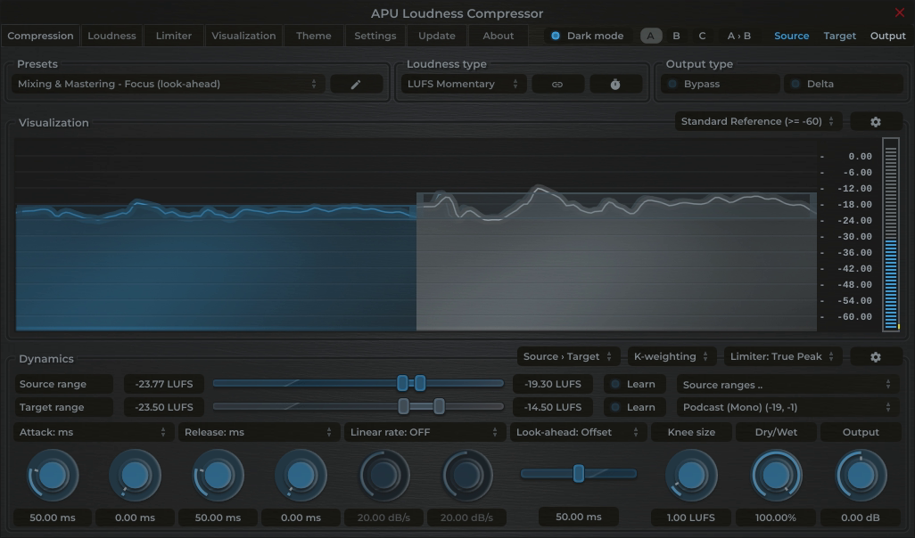 APU Loudness Compressor showing Podcast (Mono) target at -19 LUFS
