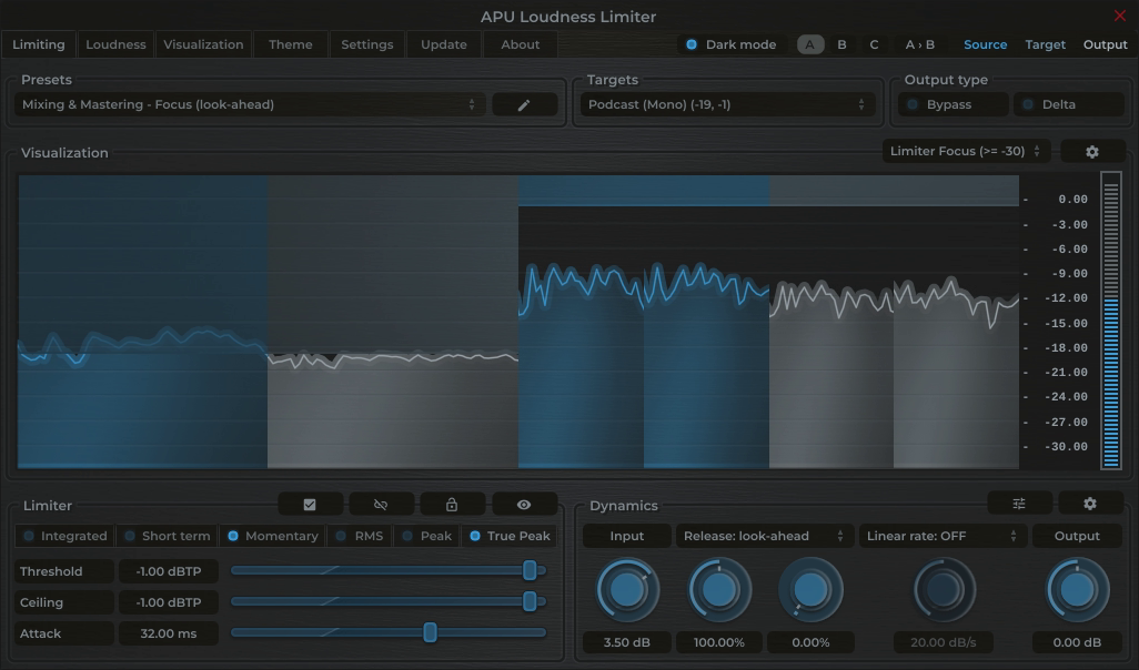 APU Loudness Limiter showing Podcast (Mono) target at -19 LUFS