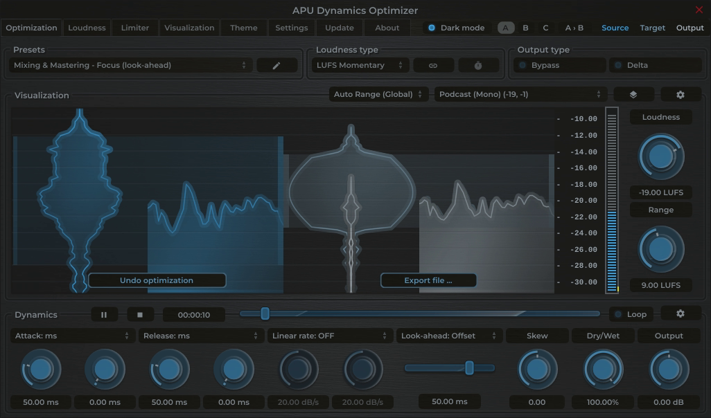 APU Dynamics Optimizer showing Podcast (Mono) target at -19 LUFS