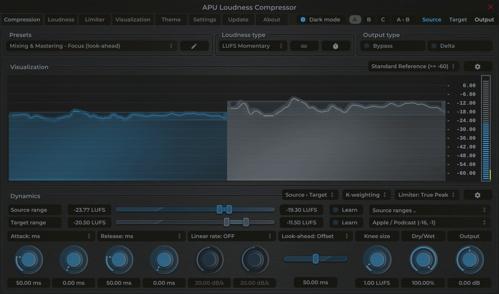 APU Loudness Compressor showing Podcast (Stereo) target at -16 LUFS