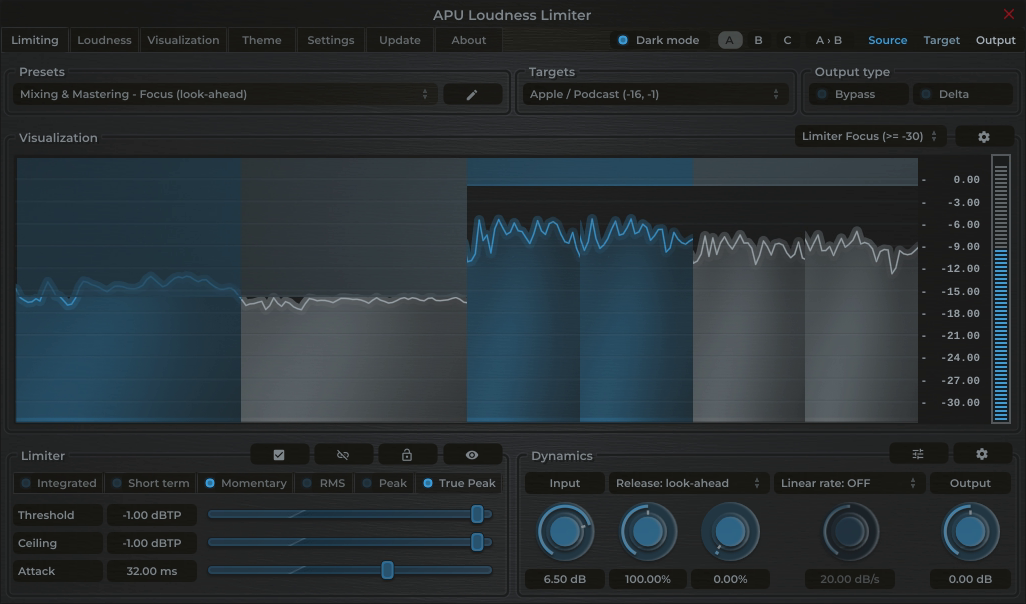 APU Loudness Limiter showing Podcast (Stereo) target at -16 LUFS