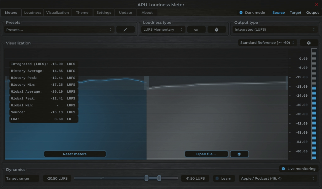 APU Loudness Meter showing Podcast (Stereo) target at -16 LUFS