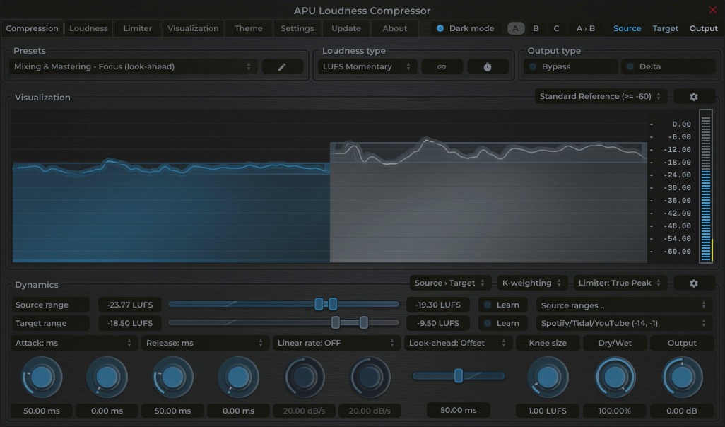 APU Loudness Compressor showing Spotify target at -14 LUFS