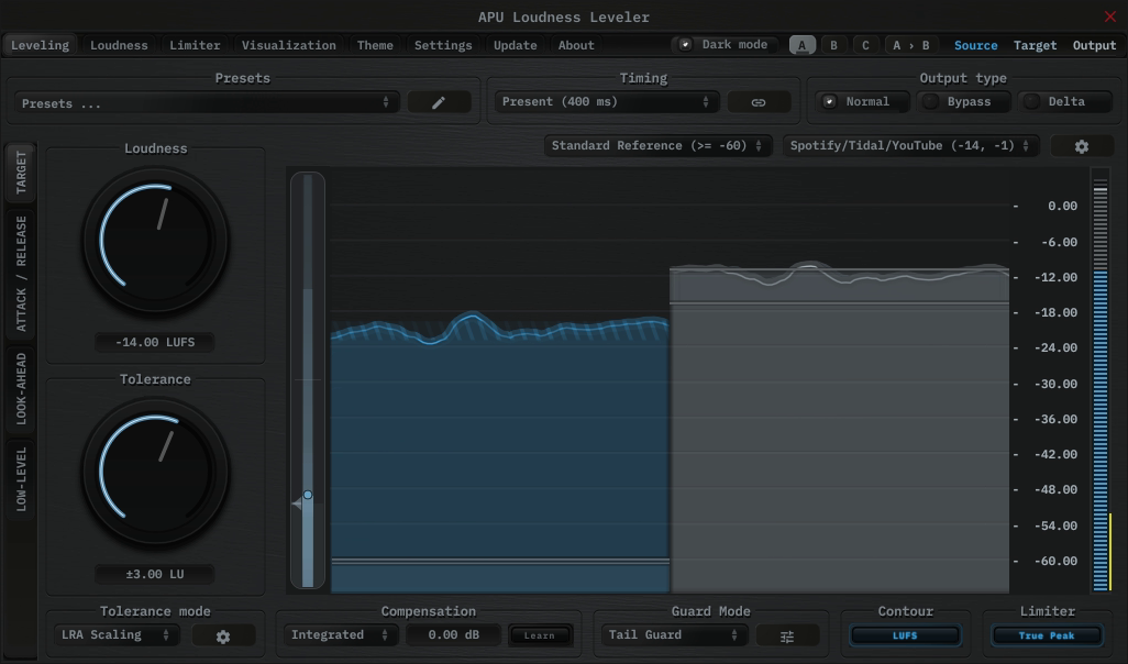 APU Loudness Leveler showing Spotify target at -14 LUFS
