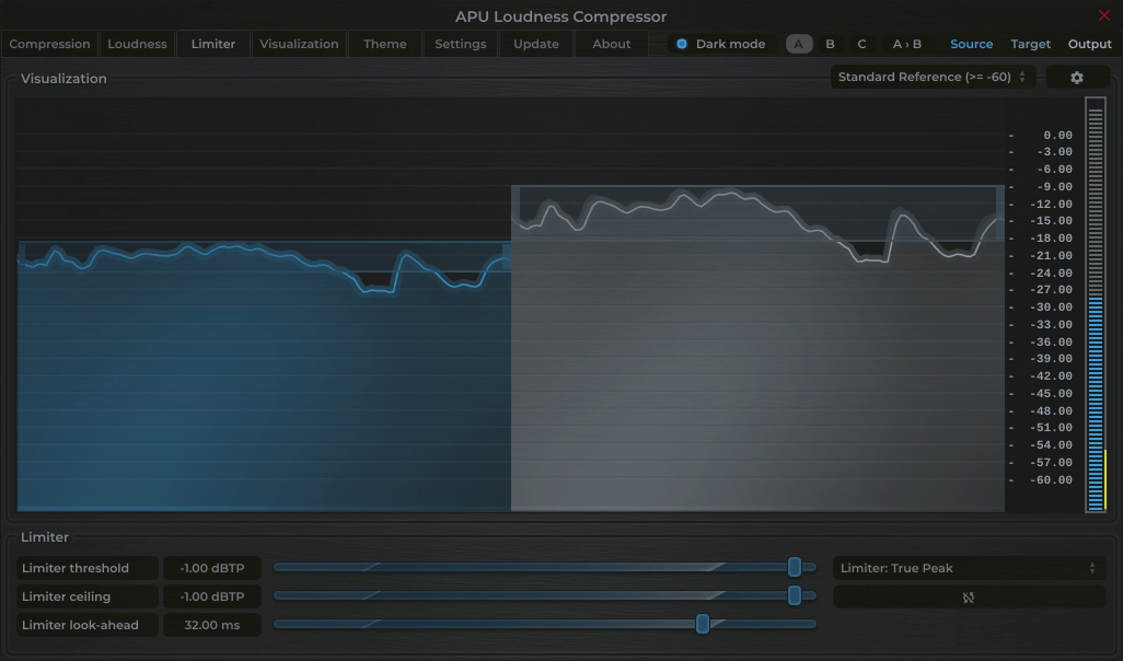 APU Loudness Compressor showing Tidal target at -1 dBTP