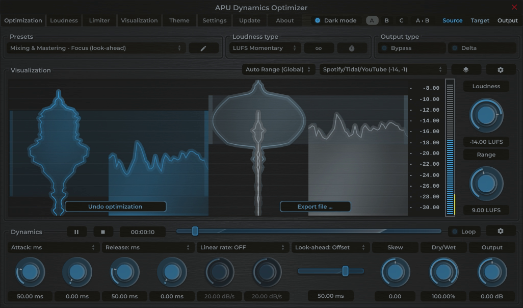 APU Dynamics Optimizer showing Tidal target at -14 LUFS