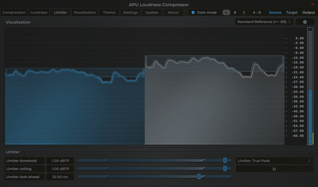APU Loudness Compressor showing Social Media (TikTok/Reels) target at -1 dBTP